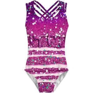 2 x Vieille Gymnastics Leotards for Girls Criss Cross Straps Unitards Sparkly Tumbling Outfits 4-8T (5-6 Years, Purple Star)