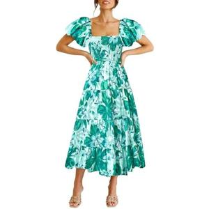 Bichingda Women's Smocked Maxi Dress Square Neck Ruffle Hem Puffy Short Sleeve Midi Dress, M