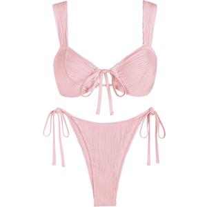 seamoly Bikini Sets for Women Ribbed Cutout Swimsuit Cheeky High Cut Side Tie Thong Bathing Suit Tie Back Swim Suits (Pink, M)