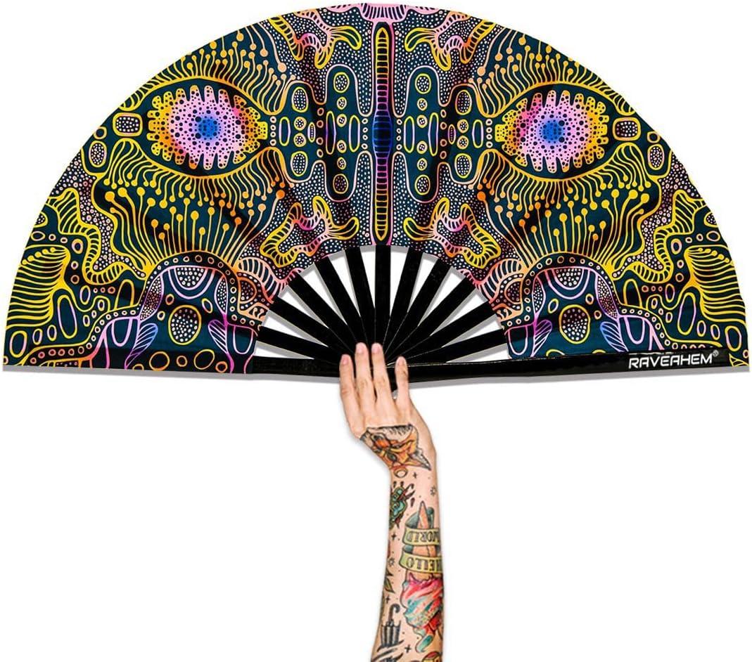 UV Glow Rave Fan, Bamboo Folding Clack Hand Fans Foldable for Men Women, Poping Fan for EDM Festival Line Dance Decoration, (Space Psychedelic, Large 13")