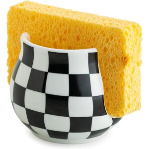 Zoeeker Checkered Sponge Holder for Kitchen Sink, Ceramic Dish Sponge Dish Rack Scrubby Holder Kitchen Organizer Cute Sink Caddy Organizer, Farmhouse Decor, Black and White