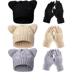 Toulite 3 Sets Winter Beanie Hat Gloves Set Cute Warm Skull Cap Touchscreen Gloves Set Cat Beanie Knitted Hat Touch Screen Knit Gloves for Women Girls Halloween Multicolor