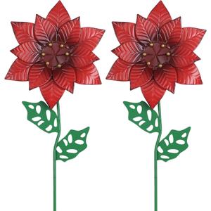 YEAHOME Outdoor Christmas Decorations, Set of 2 Poinsettia Flower Decorative Garden Stakes for Christmas Decor, Metal Red Flowers Xmas Decorations for Outside Garden Yard Lawn Porch