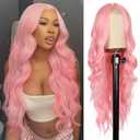 Colorful Queen 26 Inch Pink Wig Long Wavy Pink Wigs for Women Middle Part Synthetic Heat Resistant Wig for Daily Party Cosplay Use