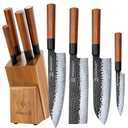 FAMCüTE Japanese Knife Block Set, Hand Forged 5-Layer 9CR18MOV Clad Steel Ultra Sharp Kitchen Knives with Wooden Storage & Rosewood Handle, Includes Chef, Santoku, Nakiri, Fruit Knife for Home Mom/Dad