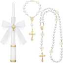 WILLBOND 3 Pcs First Communion Rosary and Candle Set Confirmation Candle Gifts Set Baptism Catholic Bracelets Cross Necklace Holy Communion Accessories for Christening Gift Keepsake(Pearl Heart)