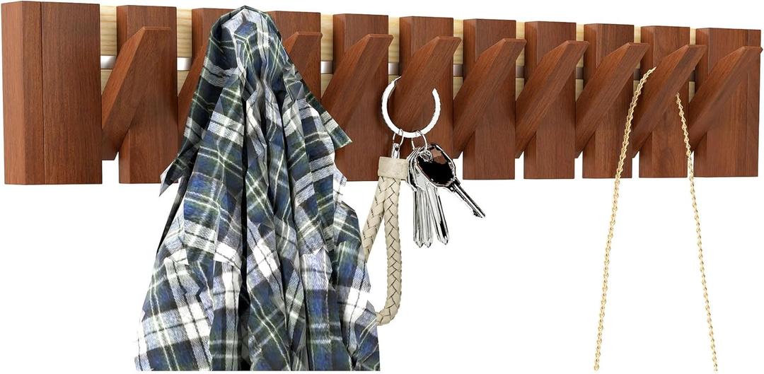 Wood Wall Mounted Coat Rack-10 Hooks Piano Coat Rack Wall Coat Rack Flip Down Wall Hook Rack Coat Hooks Wall Mount Entryway Wall Art Hook for Entryway Living Room Bedroom Bathroom Kitchen