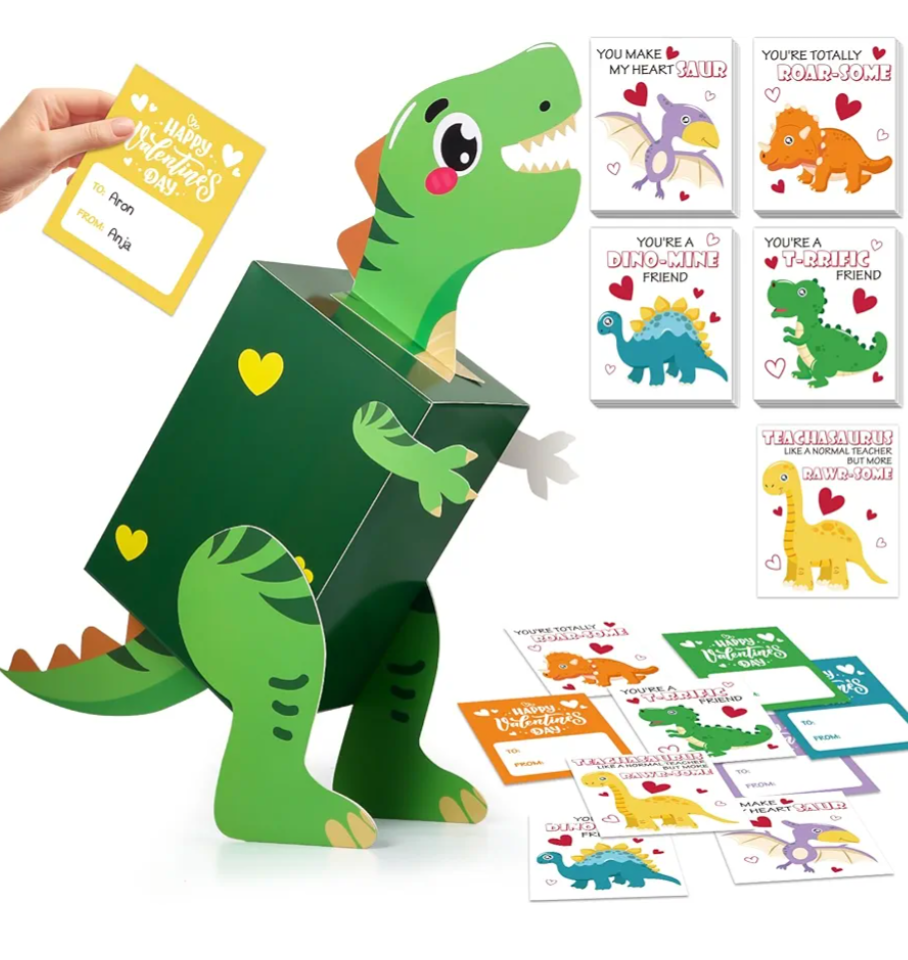 Dinosaur Valentines Day Box and Cards for Kids School, Valentines Day Gifts for Kids with Valentine Dino Card for Classroom Exchange, Party Favor (1 Dinosaur Box, 32 Valentine Cards, 1 Teacher Card)