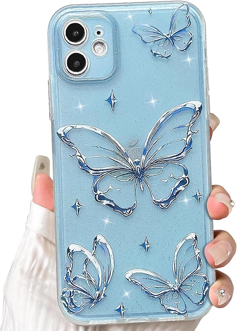 NITITOP Compatible with iPhone 11 Case Clear Bling Glitter Cute Metal Butterfly Pattern Sparkle Design for Women Girls Shiny Soft TPU Anti Yellowing Protective Cover - Blue