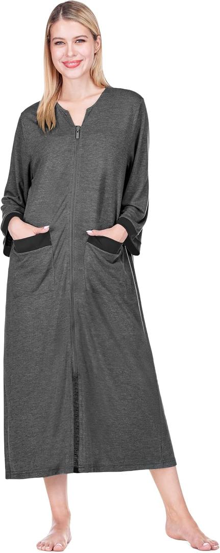 PAVILIA Premium Womens Robe Housecoat, 3/4 Sleeves Zip Up Nightgown For Women Pockets, Soft Bathrobe Zipper Loungewear Dress, Size S/M (Gray)
