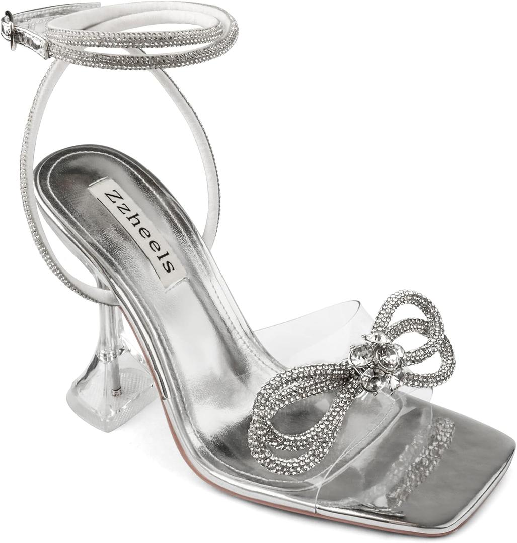 Zzheels Double Bowknots Crystal Sandals Clear Slingback Heels Square Toe Shoes for Party Wedding, Size 7