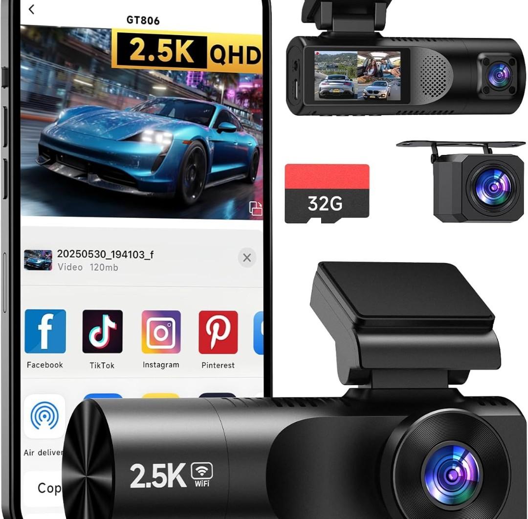 Dash Cam Front and Rear, 2.5K+1080P+1080P 3 Channel Dash Cam with 32GB Card, Wi-Fi Dash Camera for Cars, G-Sensor, Night Vision, 24H Parking, Loop Recording Dashcam, 1.97IPS, Support 256GB (Black)