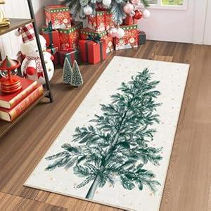 Lahome Christmas Rug Non-Slip 2x4 Rug Washable Small Runner Rug, Stain Resistant Hallway Runner Soft Beige Runner Rug for Bedroom, Christmas Tree Print Snowflake Holiday Decor Rug for Bathroom Entry