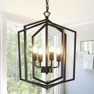 18.1" Black Chandelier, 4-Light Lantern Pendant Light Fixtures, Farmhouse Kitchen Island Lighting, Modern Industrial Foyer Lighting Fixtures, Rustic Geometric Chandelier for Dining Room, Entryway