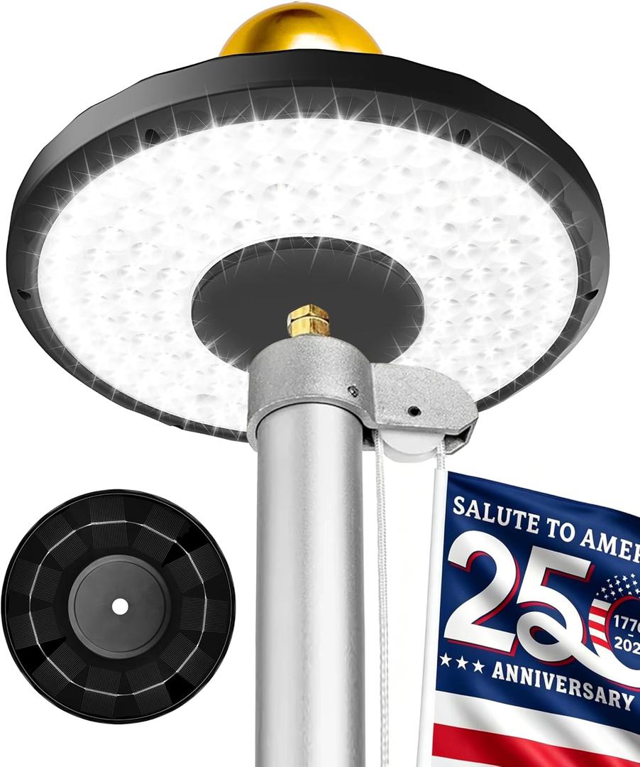 Solar Flag Pole Light for American Flag, 132 LED Solar Flagpole Light with 2600mAh Battery for 15-25 FT Flagpoles, Dusk to Dawn Auto On/Off, 3 Brightness Modes, IP65 Waterproof Outdoor Flag Light