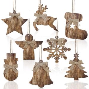 8 Pcs Rustic Christmas Tree Ornaments Wooden Farmhouse Christmas Ornaments Angle Snowflake Reindeer Tree Hanging Decor for Xmas Home Office Fireplace Winter (Brown,4.3 x 3.9 Inches)
