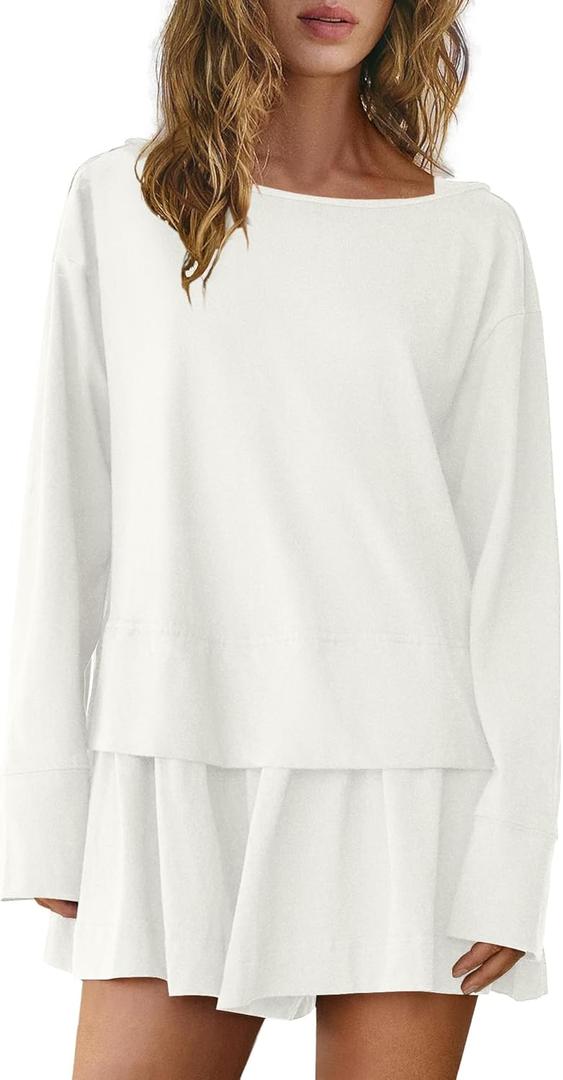 Panadila Womens Long Sleeve Short Romper Dresses Crewneck Oversized One Piece Jumpsuit Open Back Layered Casual Outfit (White, M)