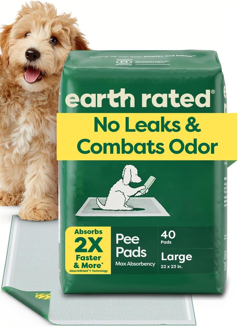 Earth Rated Max Absorbency Puppy Pee Pads for Dogs Absorbs 2X Faster & 2X More, Leak-Proof, Odor Control Potty Training, Unscented, Large, 22 x 23, 40 Count