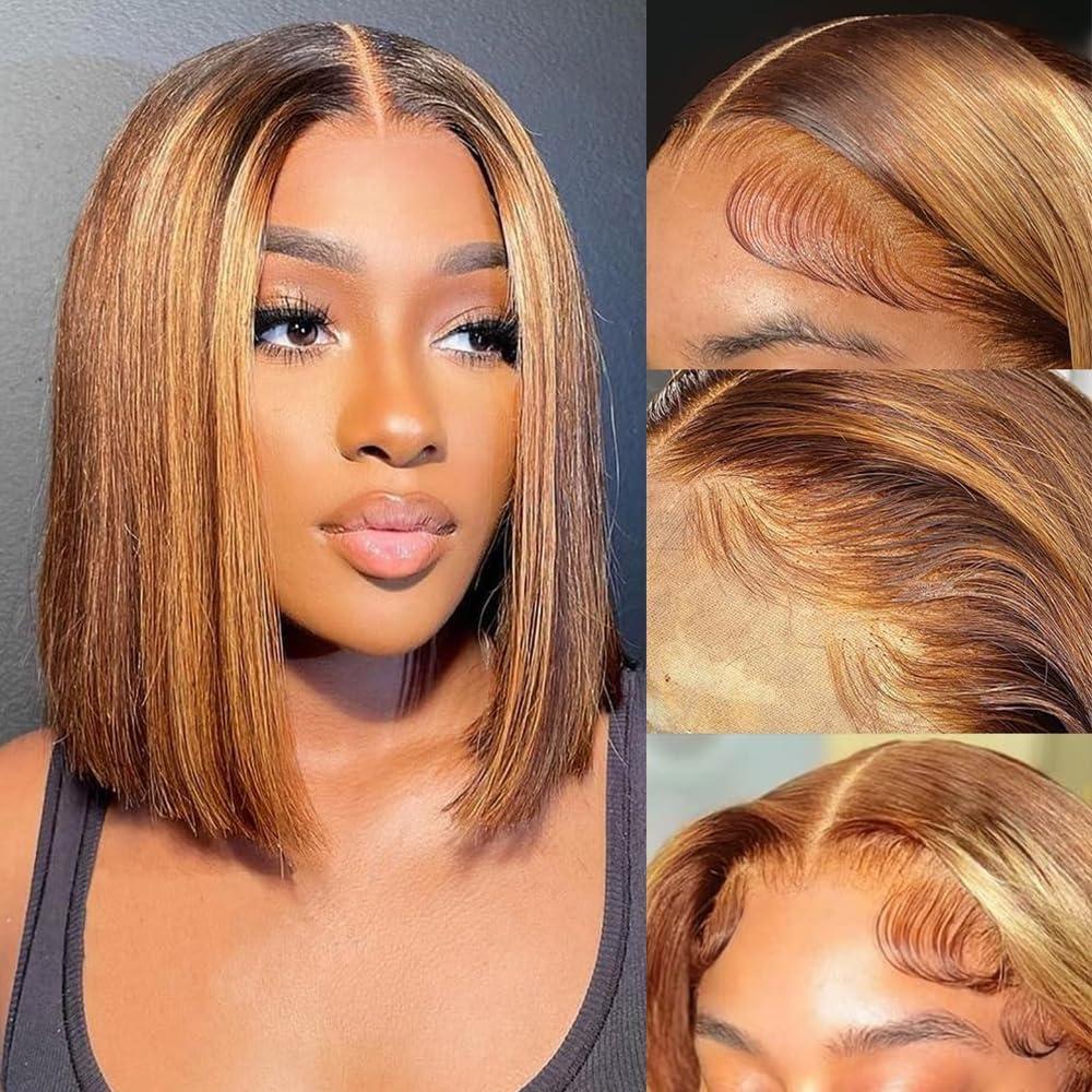 EQ DUOUPA 14 Inch Highlight Bob Wig Human Hair 180 Density Highlight 13x4 HD Lace Front Wigs Omber P4/27 Human Hair Bob Wigs