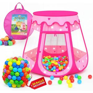 Playz Ball Pit Princess Castle Play Tent for Girls w/ 50 Balls Included - Pop Up Children Play Tent for Indoor & Outdoor Use - Playland Playhouse Tent w/ & Glow in The Dark Stars & Zipper Storage Case