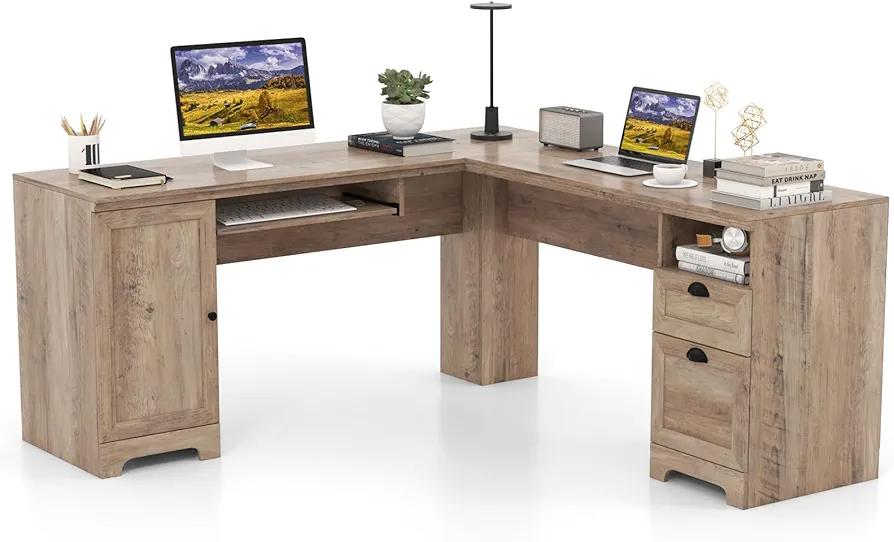 Desk L Shape, Corner Desk with Keyboard, Cabinet and 2 Drawers, Corner Table, Computer Table, Desk for Home or Office, 168 x 168 x 76 cm (Oak) (Box 1 of 2)