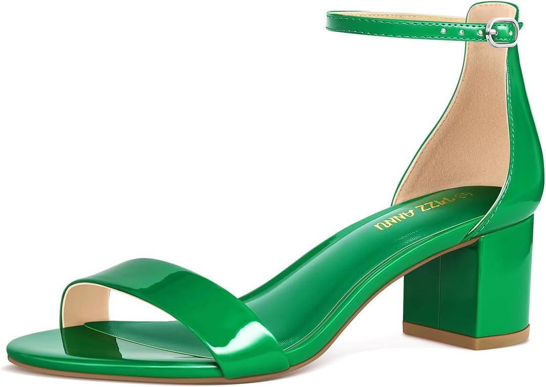 PIZZ ANNU Women's Low Block Chunky Heels Sandals Comfortable Open Toe Ankle Strap Party Dress Pump Shoes Strappy Buckle Heeled Sandal with 2 Inches Tall Thick Heel Design (8, Kelly Green Patent)
