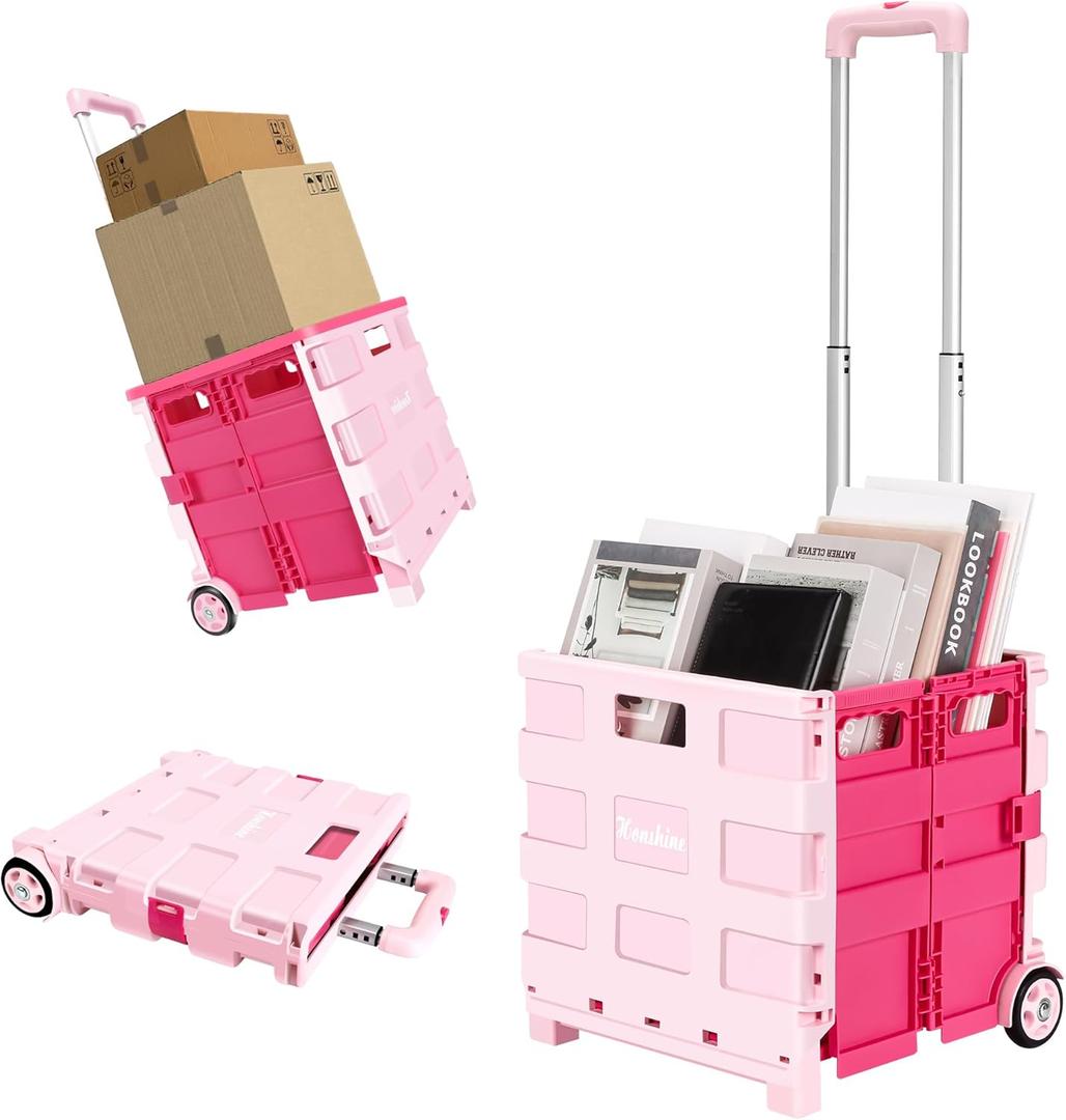 Collapsible Rolling Crate on Noiseless Wheels: Portable Utility Cart for Shopping Teacher Laundry (Pink)