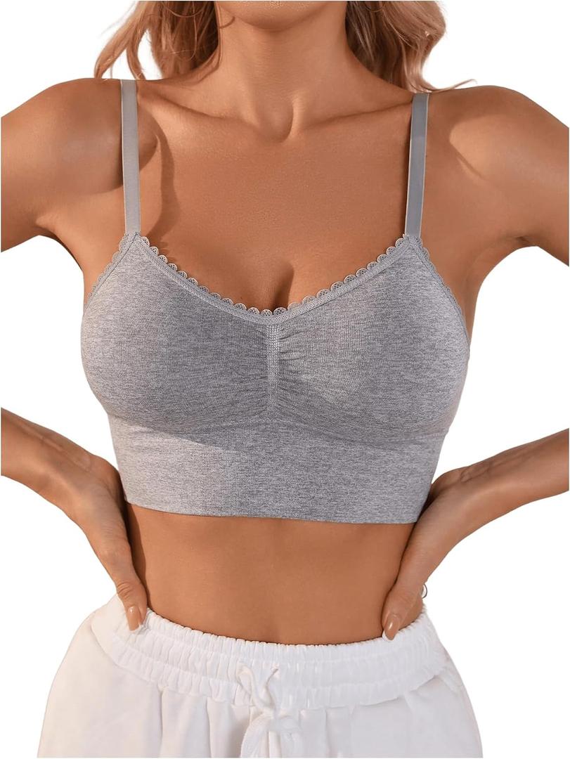 SOLY HUX Women's Lace Trim Adjustable Spaghetti Strap Wireless Cami Bras | Underwear Bralette, Intimate Daily, All Season, Sexy, Lace Underwear Bras (Gray, XL)