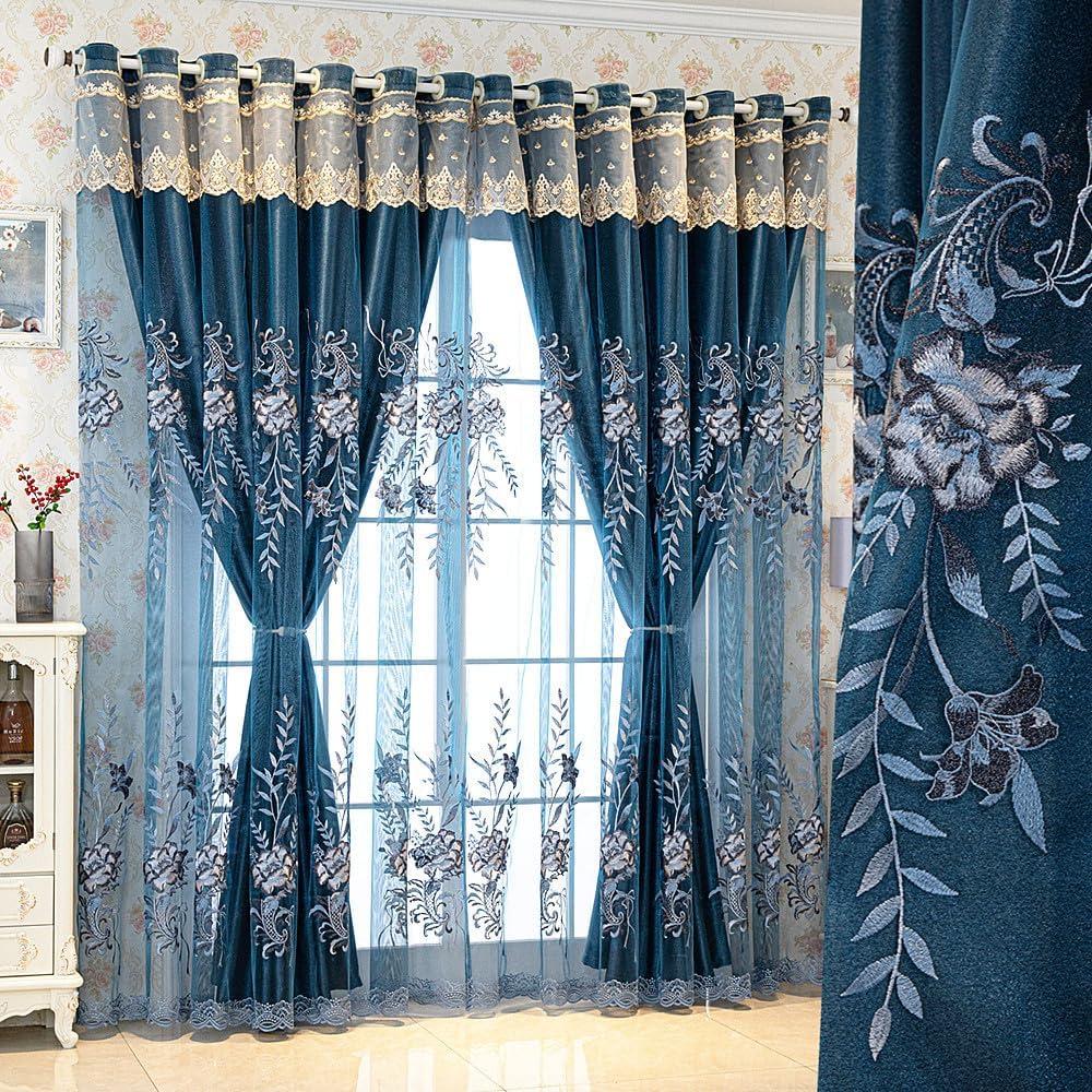 Amidoudou 1 Pair European Double Layer Curtains for Living Room Bedroom Luxury Peacock Flower Embroidered Curtains with Valance (Blue,51x84 Inch)