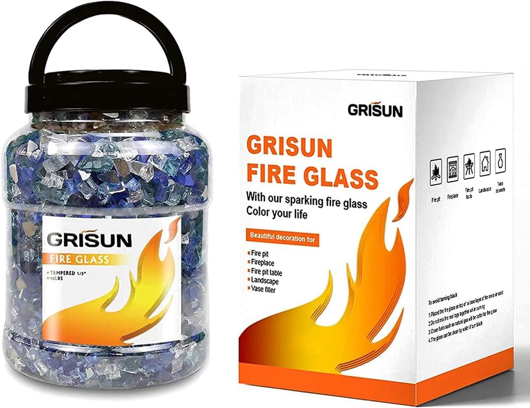 GRISUN Fire Glass for Fire Pit, 30 Pounds 1/2 Inch High Luster Reflective Tempered Glass Rocks for Natural or Propane Fireplace, Safe for Outdoors and Indoors Firepit Glass