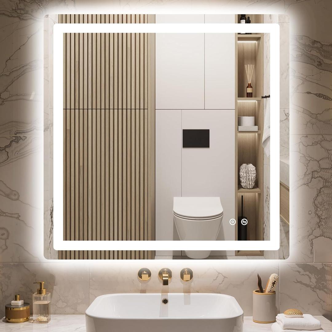 Delma LED Bathroom Mirror with Lights, 30x30 Vanity Mirror for Bathroom Wall, Anti-Fog, Dimmable, Front Lit & Backlit, Memory Function, Shatterproof Tempered Glass, 3 Color Modes(Horizontal/Vertical)