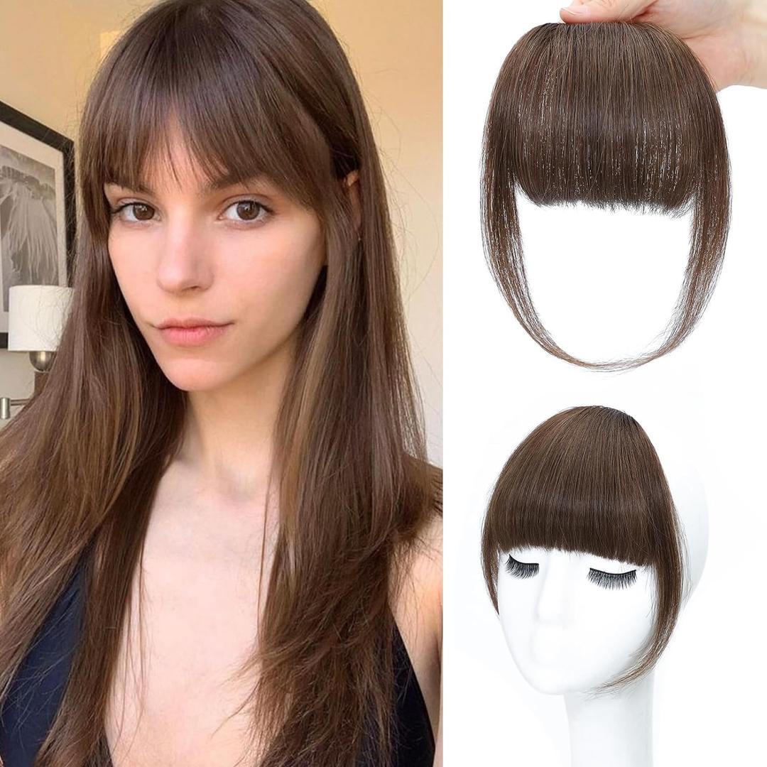 NAYOO Bangs Hair Clip- Brown Fake Bangs 100% Real Human Hair Extensions French Bangs for Women Fringe with Temples Hairpieces Curved Bangs for Daily Wear