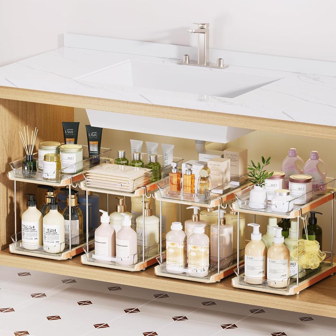 Delamu 2 Tier Bathroom Under Sink Organizers and Storage with Hook, Multi-Purpose Cabinet Drawers with Movable Dividers, Pull Out Organization for Countertop, Kitchen and Pantry(Wood Grain, 4 Pack)