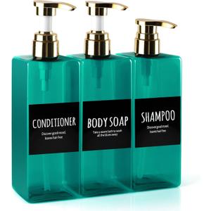 Soap Dispensers, 16.9oz Plastic Bottles with Gold Pumps & Waterproof Labels for Shampoo, Hand Soap, Body Wash - Ideal for Bathroom, Kitchen, Living Room, Set of 3 (Green)