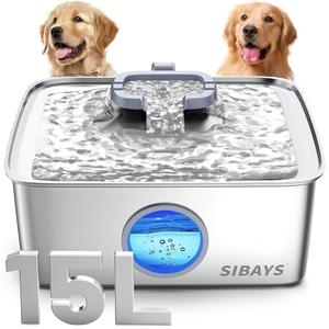 SIBAYS 4Gal/15L Dog Water Fountain, Stainless Steel Large Capacity Pet Water Fountain with Water Level LED Light, Automatic Quiet Dog Water Bowl Dispenser for Large Dogs & Multi-Pet Easy to Clean FS79