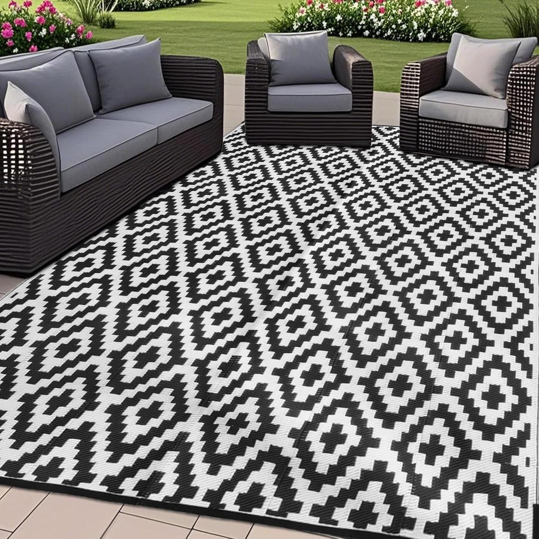 SAND MINE Waterproof Outdoor Rug 8x10 ft, Plastic Reversible Rug, Modern Area Rug, Large Floor Mat for Outdoors, RV, Patio, Backyard, Deck, Picnic, Beach, Camping (8' x 10', Black & White Lattice)