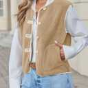Tanakneo Womens Fuzzy Fleece Vest Sleeveless Button Down Fall Sherpa Jacket Winter Warm Old Money Outerwear with Pockets Light Khaki