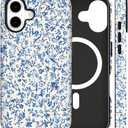 Magnetic for iPhone 16 Case Cute Floral Flowers Phone Case, Shockproof Slim TPU and Hard PC Protective Phone Cover Compatible with MagSafe Designed for Women Girls, Blue