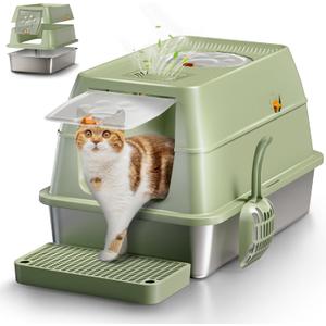 Stainless Steel Cat Litter Box with Lid, XL Large Enclosed High Sided Litter Box with Removable Lid, Carbon Filters -Odor Free, Easy Cleaning, Anti-Urine Leakage for Big Cats -Green
