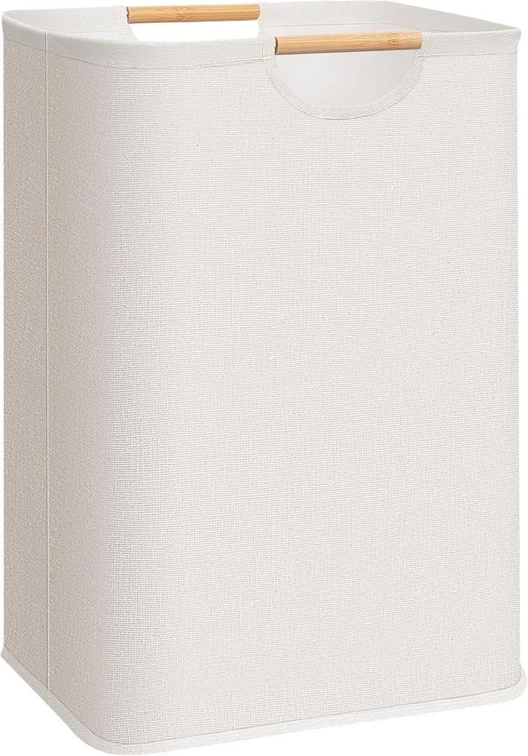 STORAGE MANIAC Large Laundry Hamper, 80L (21.1 Gal) Collapsible Laundry Basket with Bamboo Handles, Freestanding Waterproof Clothes Hamper for Laundry Room, Bedroom, Dorm, Towels, Toys, Beige