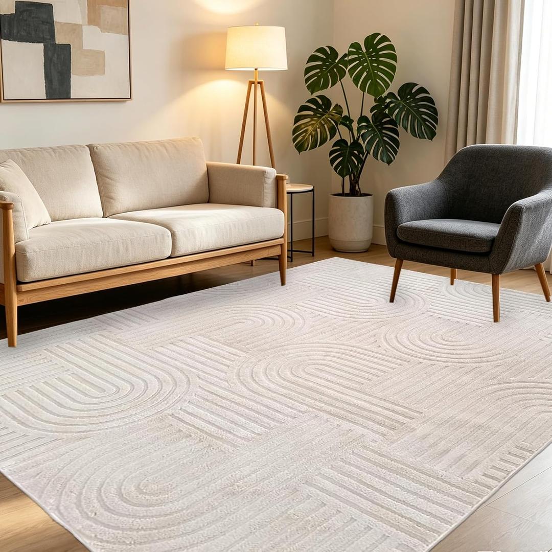 ABREEZE Soft Fluffy High-Low Rainbow Pattern Area Rugs 5'x7' Non Slip Washable Modern Geometric Rug Abstract Carpet for Living Room Bedroom Dining Room Nursery, Beige