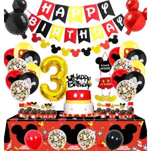 Cartoon 3rd Birthday Party Decorations - 3 Years Old Boy Party Supplies Includes Birthday Banner Garland, Door sign, Tablecloth, Cake Cupcake Toppers, Mouse Head Balloons, Latex Balloons