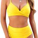 ZAFUL Women High Waisted Bikini Sets Two Piece Swimsuit Push Up Twist Front Ruched Bathing Suit (Yellow)