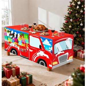 6 FT Christmas Red Truck Tablecloth Xmas Truck Table Cloth Washable Fabric Polyester Rectangle Table Cover for Birthday Winter Christmas Holiday Party Decorations Tablecloths