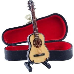 Wooden Miniature Guitar with Stand and Case Mini Musical Instrument Guitar Replica Collectible Figurines Dollhouse Accessories Model Home Decoration Display Ornament (3.94"x1.42"x0.59")
