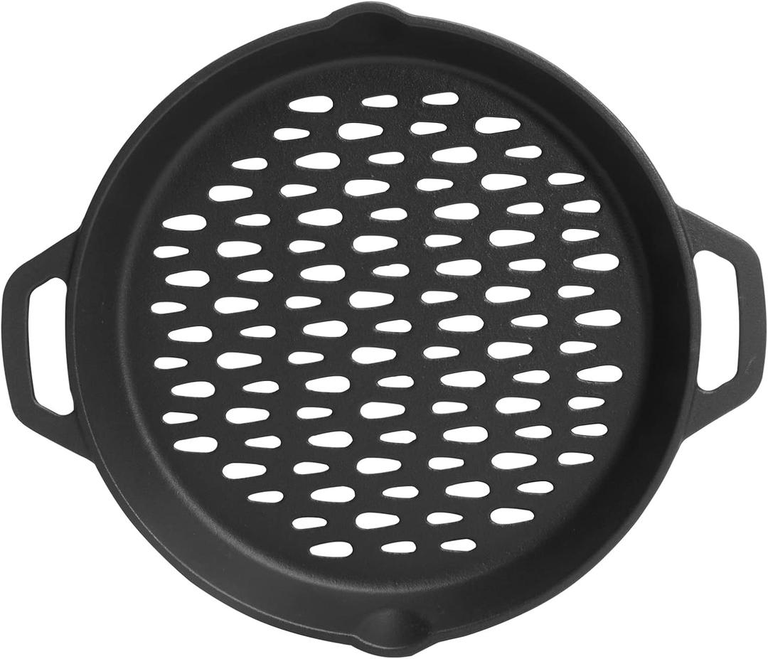 Round Cast Iron Grill Baskets for all Charcoal Smoker and Gas Grills,12 Inch Nonstick Cast Iron Grill Pan Tray Could Cooking Veggie Meat Fish -Dual Handle Grill Basket for All Outdoor Grills