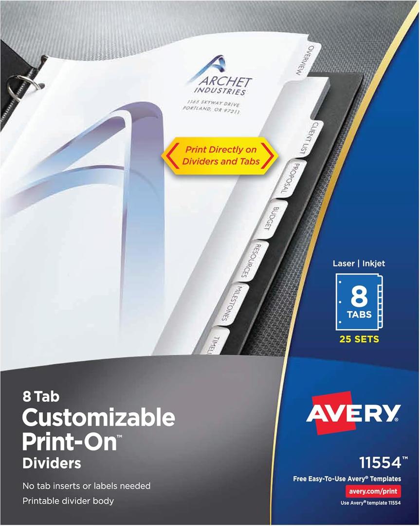 Avery 8-Tab Print-On Binder Dividers, White Tabs, 25 Sets (11554)