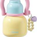 22 Oz Water Bottle with Straw and Bowl, Wide Mouth Insulated Stainless Steel Tumbler 24H Ice Cold Cute Flask for Women Daily Office & Yoga Heart Bracelet Charm, Ideal Gift, Cream Yellow