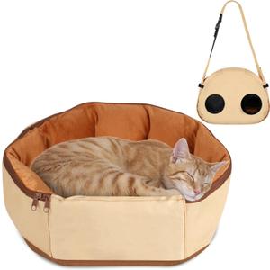 2-in-1 Convertible Pet Sling Carrier & Bed - with Breathable Mesh, Adjustable Strap & Pocketfor Travel, Vet Visit & Home Use, Up to 22lbs (khaki)