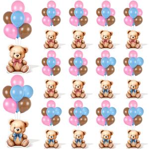 12 Sets Bear Balloon Stand Kit for Table Bear Baby Shower Centerpieces for Tables Gender Reveal Party Decoration Pink Blue Bear with Balloon for Baby Bear Temed Gender Reveal Party Supplies